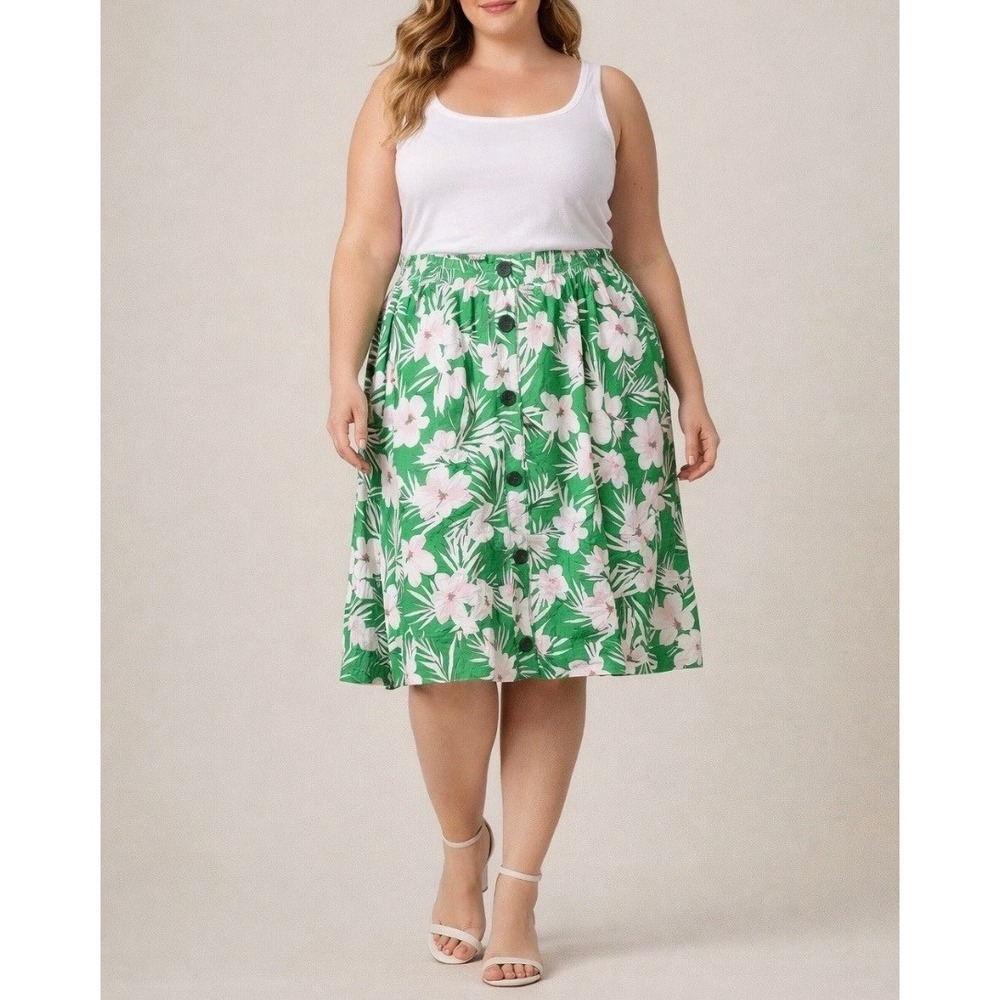 Pari Passu Kelly Skirt Green Floral Button Front Ruffle Hem Midi Skirt Size‎ 22
